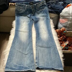 ReRock for Express Blue Flare Wide Leg Jeans with Vintage Wash